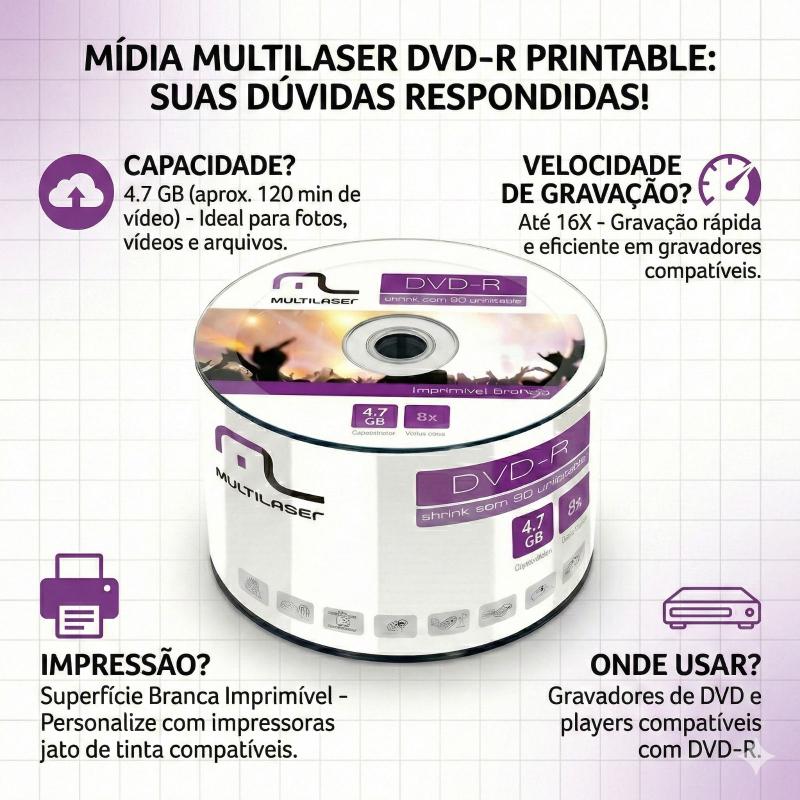 Mídia Multilaser Dvd-R Printable 16X 4,7 Gb - DV052 - DVD Virgem